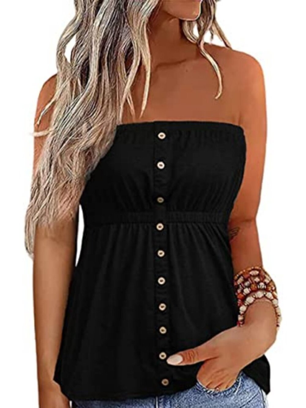 Button Strapless Bandeau Tank Sleeveless Backless Tube Top Pleated Summer Casual